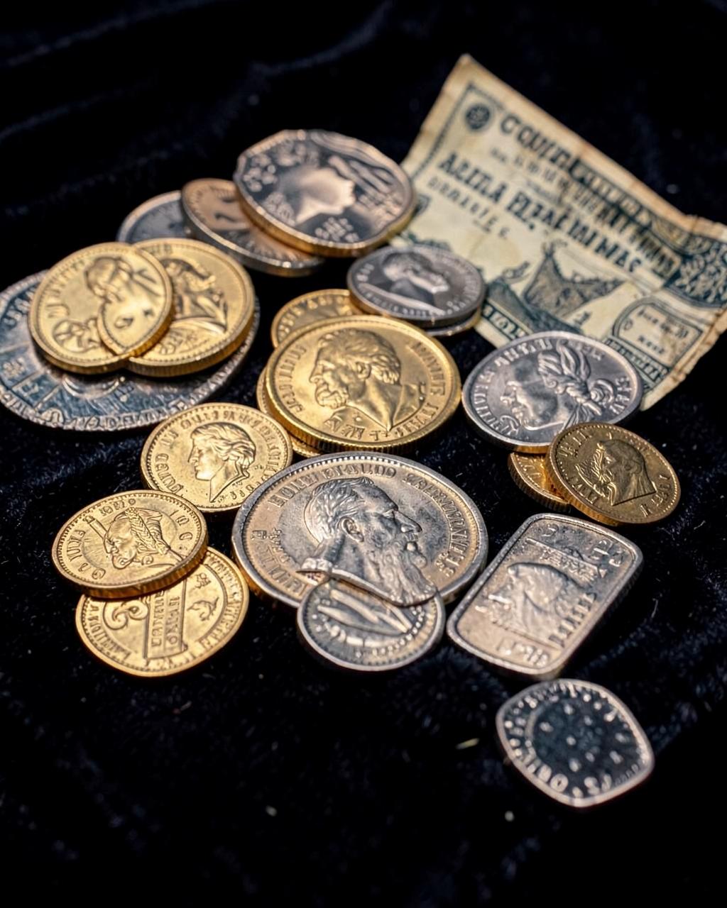 Historic gold and silver coins with an old banknote